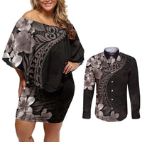 Hawaiian Plumeria-Polynesian Art Tattoo Grayscale Color Couples Matching Off Shoulder Short Dress and Long Sleeve Button Shirt