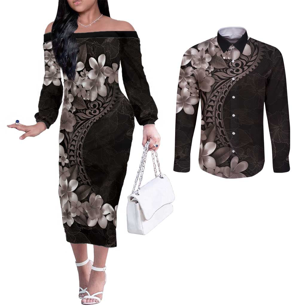 Hawaiian Plumeria-Polynesian Art Tattoo Grayscale Color Couples Matching Off The Shoulder Long Sleeve Dress and Long Sleeve Button Shirt