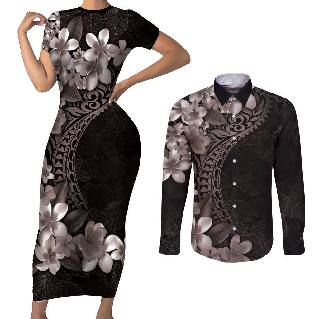 Hawaiian Plumeria-Polynesian Art Tattoo Grayscale Color Couples Matching Short Sleeve Bodycon Dress and Long Sleeve Button Shirt