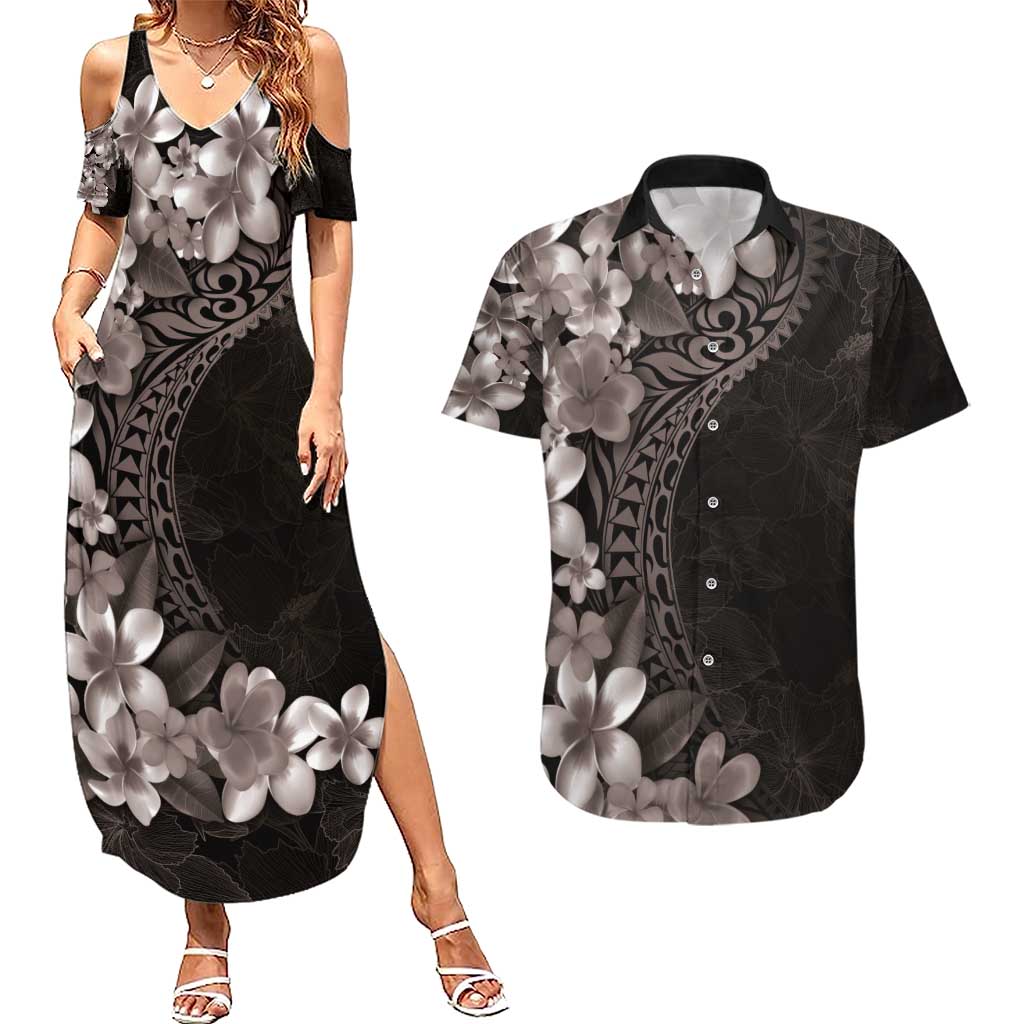 Hawaiian Plumeria-Polynesian Art Tattoo Grayscale Color Couples Matching Summer Maxi Dress and Hawaiian Shirt
