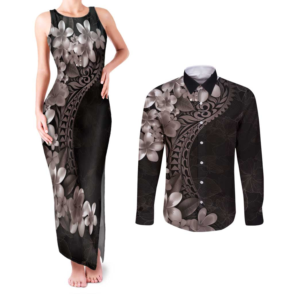 Hawaiian Plumeria-Polynesian Art Tattoo Grayscale Color Couples Matching Tank Maxi Dress and Long Sleeve Button Shirt