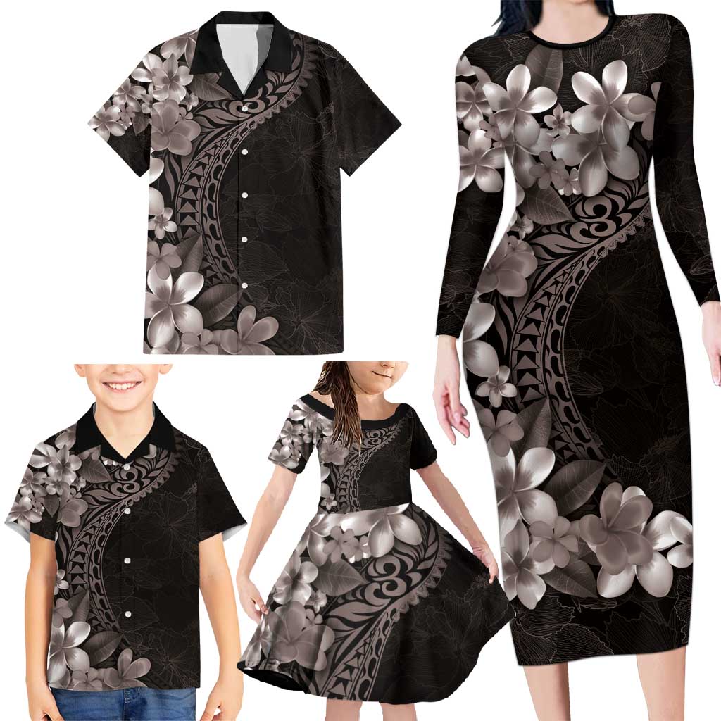 Hawaiian Plumeria-Polynesian Art Tattoo Grayscale Color Family Matching Long Sleeve Bodycon Dress and Hawaiian Shirt