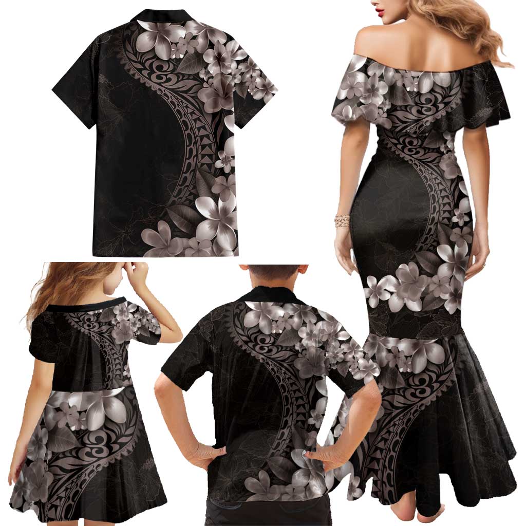 Hawaiian Plumeria-Polynesian Art Tattoo Grayscale Color Family Matching Mermaid Dress and Hawaiian Shirt