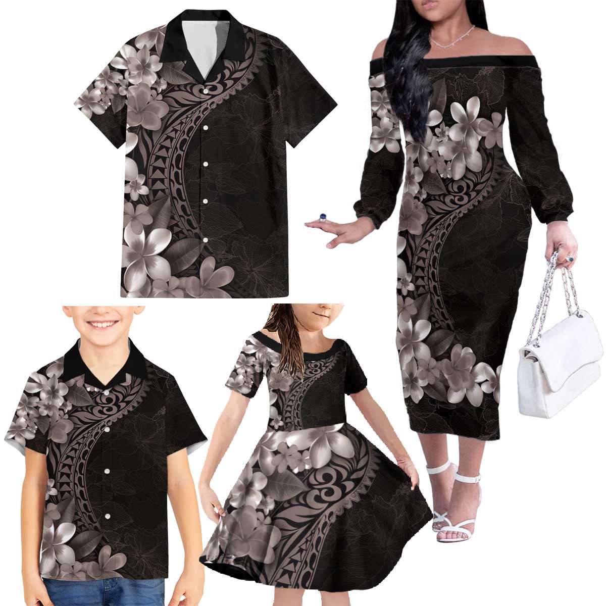 Hawaiian Plumeria-Polynesian Art Tattoo Grayscale Color Family Matching Off The Shoulder Long Sleeve Dress and Hawaiian Shirt