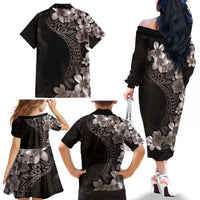 Hawaiian Plumeria-Polynesian Art Tattoo Grayscale Color Family Matching Off The Shoulder Long Sleeve Dress and Hawaiian Shirt
