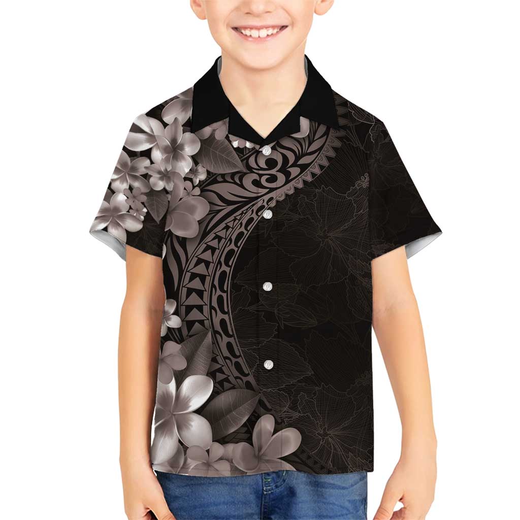 Hawaiian Plumeria-Polynesian Art Tattoo Grayscale Color Family Matching Off Shoulder Short Dress and Hawaiian Shirt