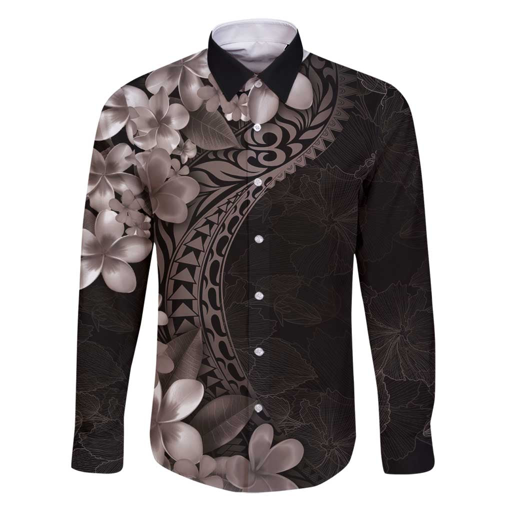Hawaiian Plumeria-Polynesian Art Tattoo Grayscale Color Family Matching Puletasi and Hawaiian Shirt LT03 Dad's Shirt - Long Sleeve Gray - Polynesian Pride