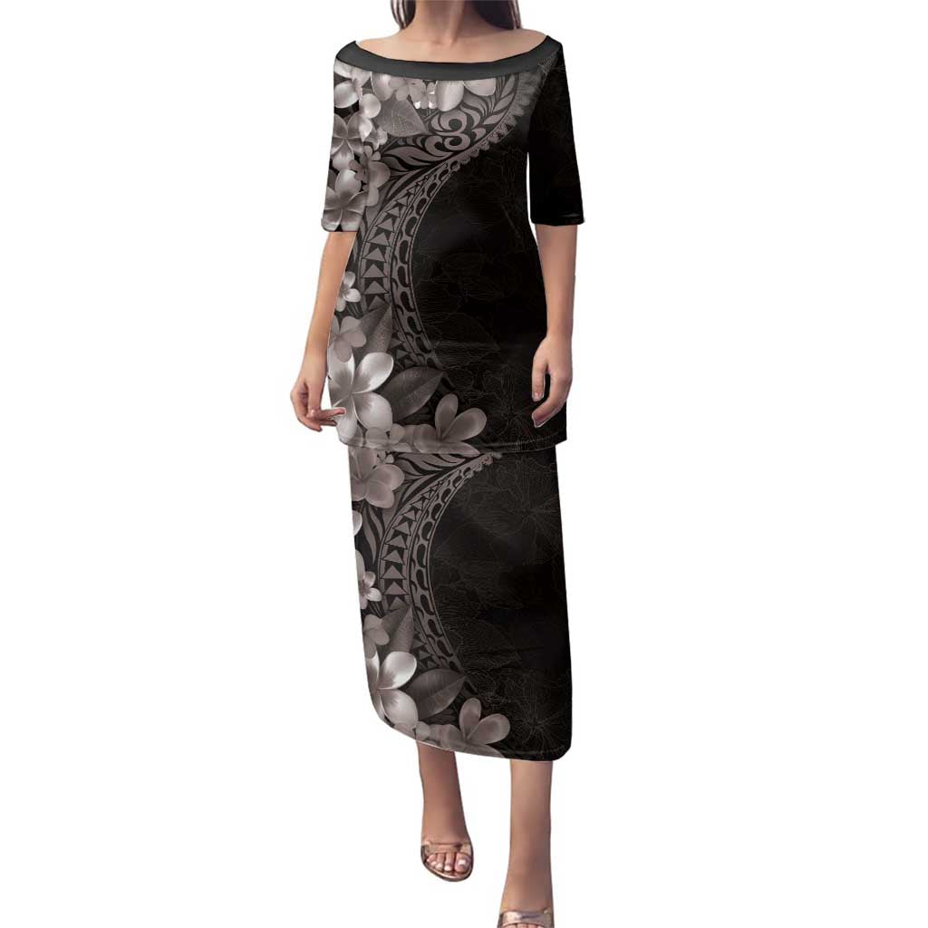 Hawaiian Plumeria-Polynesian Art Tattoo Grayscale Color Family Matching Puletasi and Hawaiian Shirt LT03 Mom's Dress Gray - Polynesian Pride