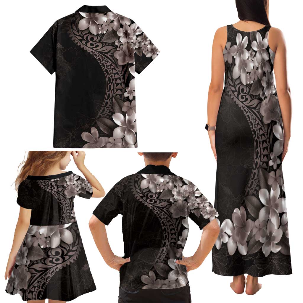 Hawaiian Plumeria-Polynesian Art Tattoo Grayscale Color Family Matching Tank Maxi Dress and Hawaiian Shirt