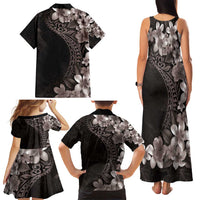 Hawaiian Plumeria-Polynesian Art Tattoo Grayscale Color Family Matching Tank Maxi Dress and Hawaiian Shirt