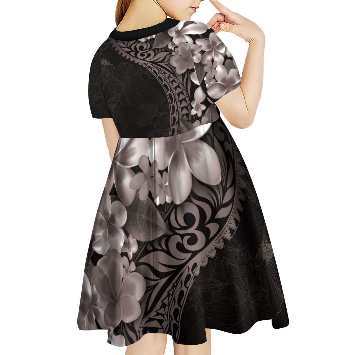 Hawaiian Plumeria-Polynesian Art Tattoo Grayscale Color Kid Short Sleeve Dress