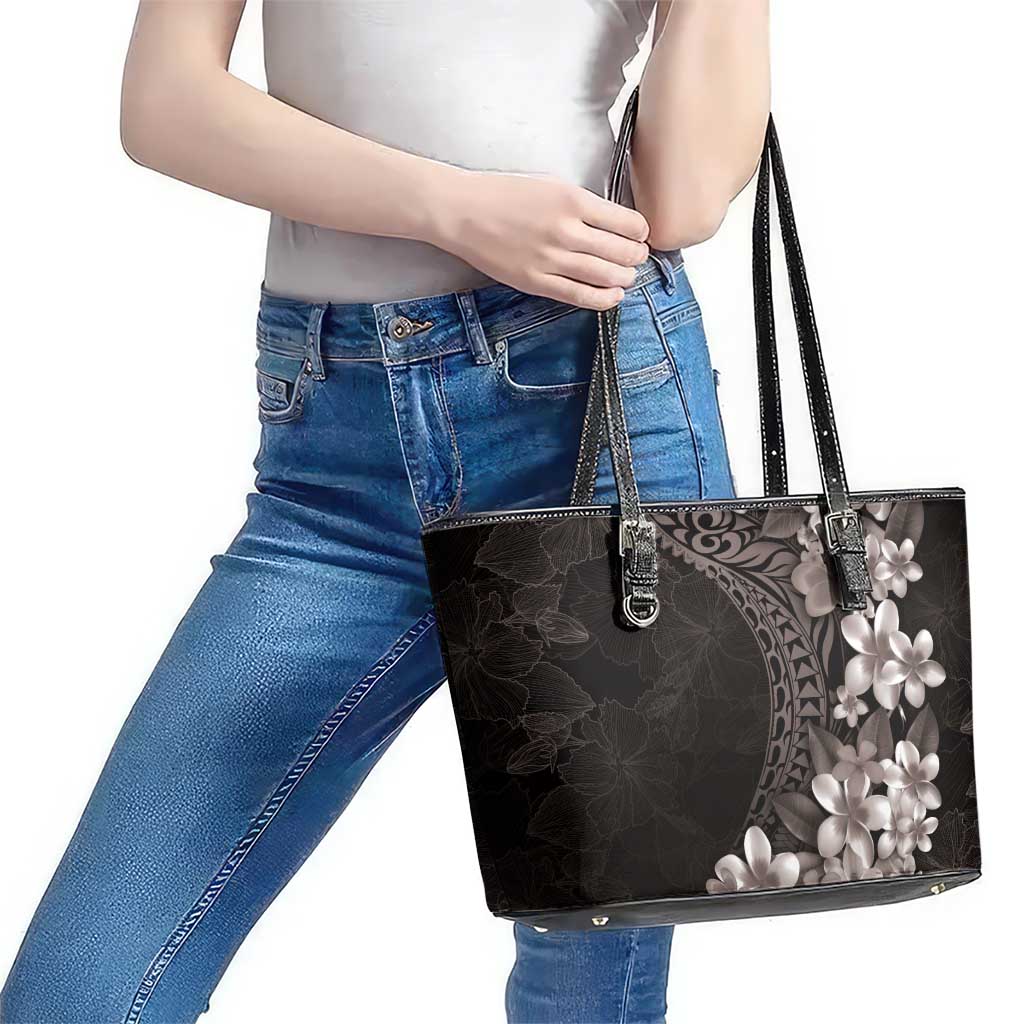 Hawaiian Plumeria-Polynesian Art Tattoo Grayscale Color Leather Tote Bag