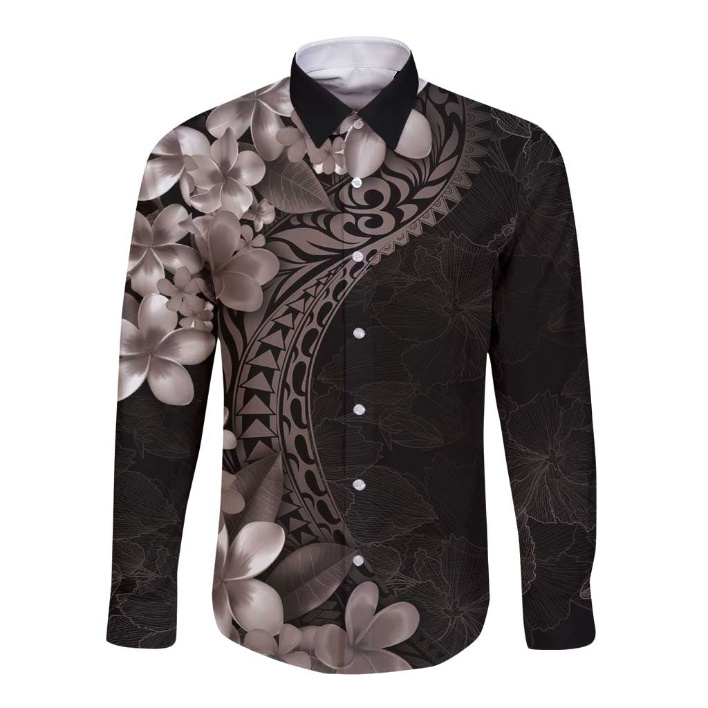 Hawaiian Plumeria-Polynesian Art Tattoo Grayscale Color Long Sleeve Button Shirt LT03 Unisex Gray - Polynesian Pride