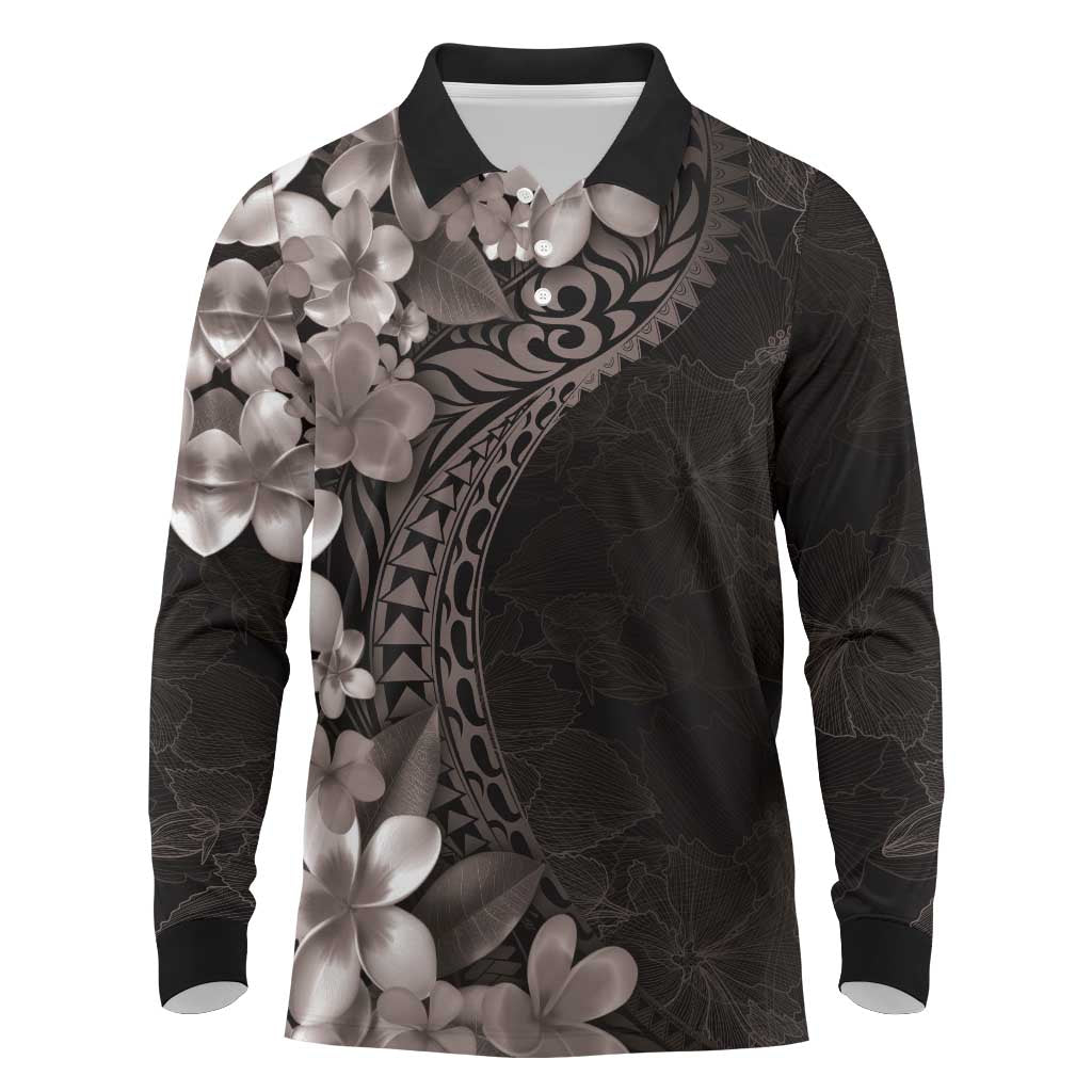 Hawaiian Plumeria-Polynesian Art Tattoo Grayscale Color Long Sleeve Polo Shirt LT03 Gray - Polynesian Pride
