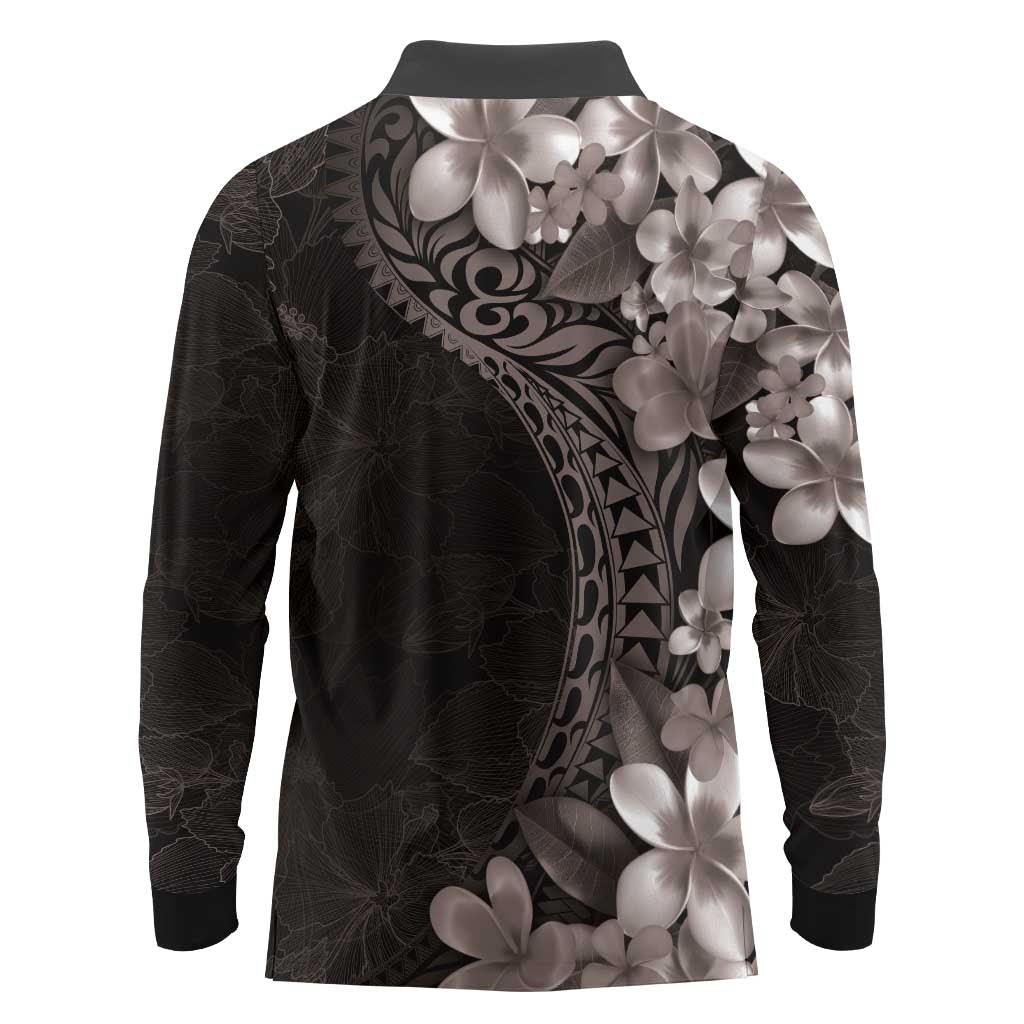 Hawaiian Plumeria-Polynesian Art Tattoo Grayscale Color Long Sleeve Polo Shirt LT03 - Polynesian Pride