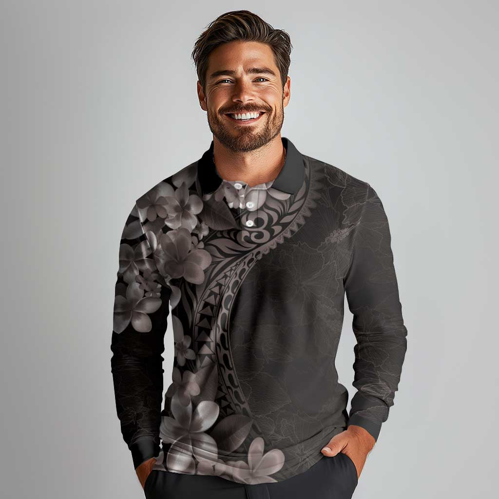 Hawaiian Plumeria-Polynesian Art Tattoo Grayscale Color Long Sleeve Polo Shirt LT03 - Polynesian Pride