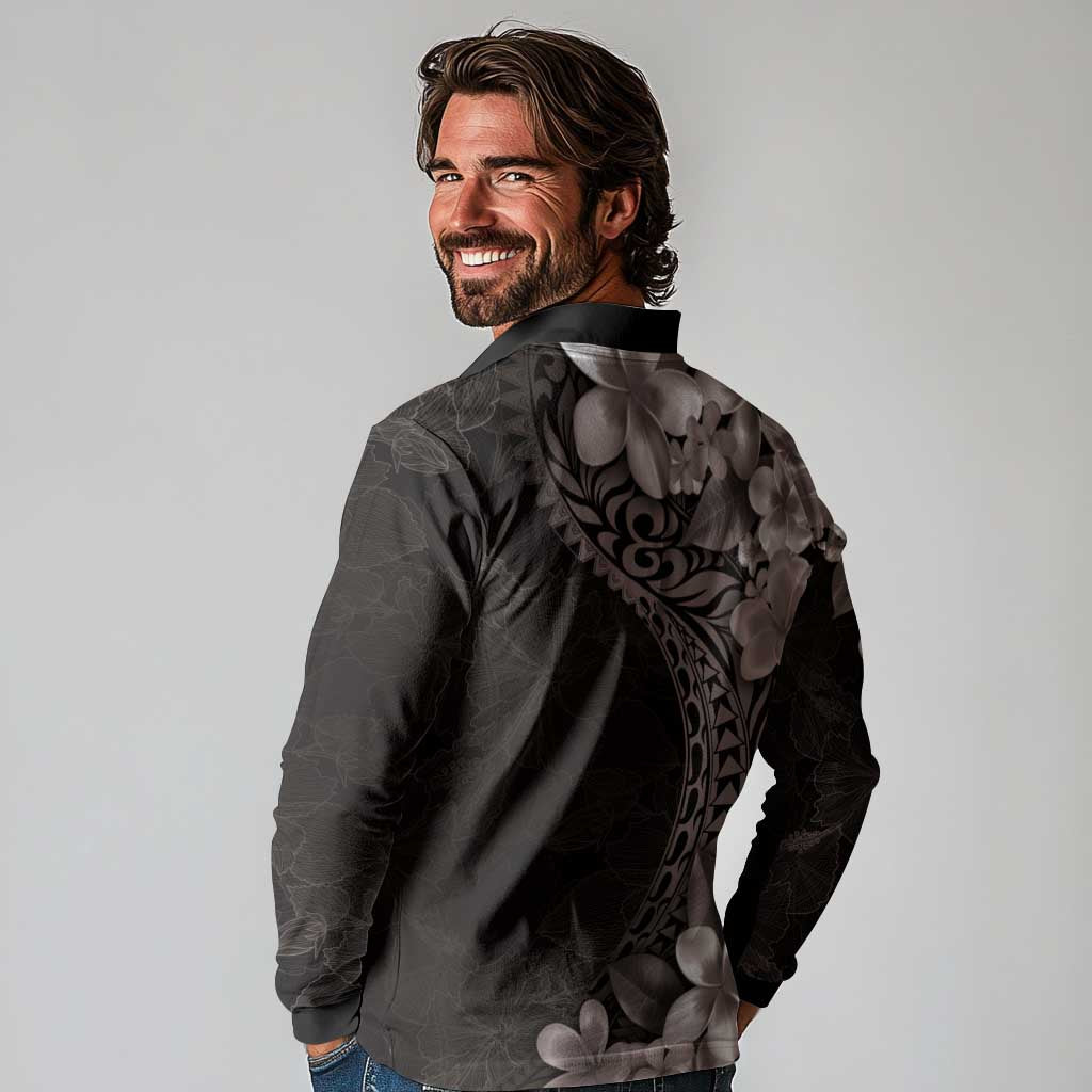 Hawaiian Plumeria-Polynesian Art Tattoo Grayscale Color Long Sleeve Polo Shirt LT03 - Polynesian Pride