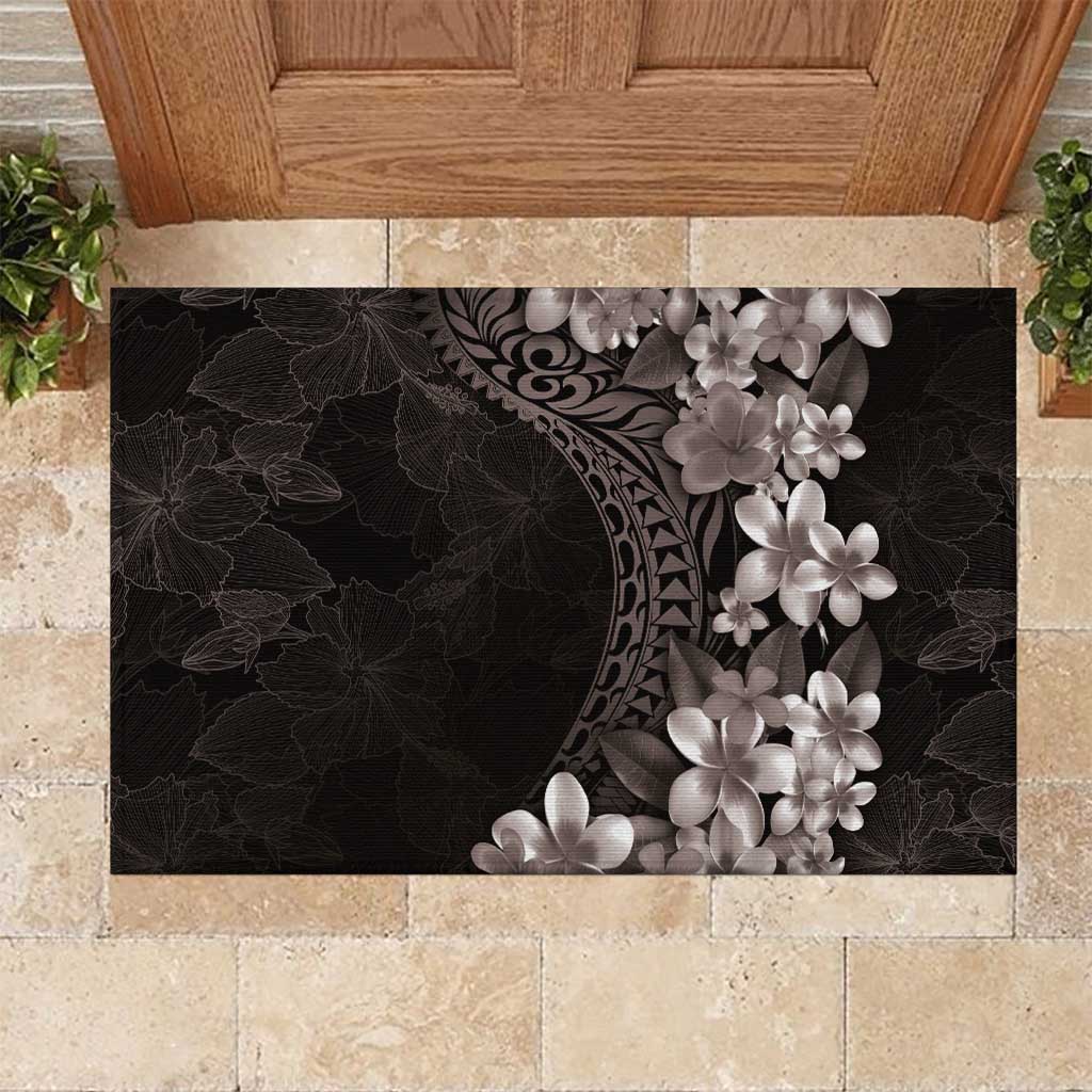 Hawaiian Plumeria-Polynesian Art Tattoo Grayscale Color Rubber Doormat