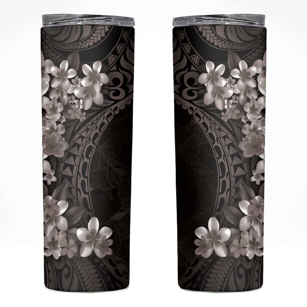 Hawaiian Plumeria-Polynesian Art Tattoo Grayscale Color Skinny Tumbler