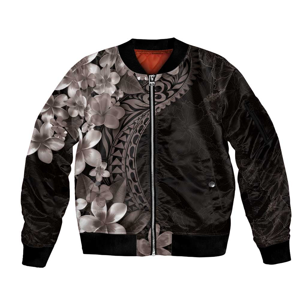 Hawaiian Plumeria-Polynesian Art Tattoo Grayscale Color Sleeve Zip Bomber Jacket LT03 Unisex Gray - Polynesian Pride