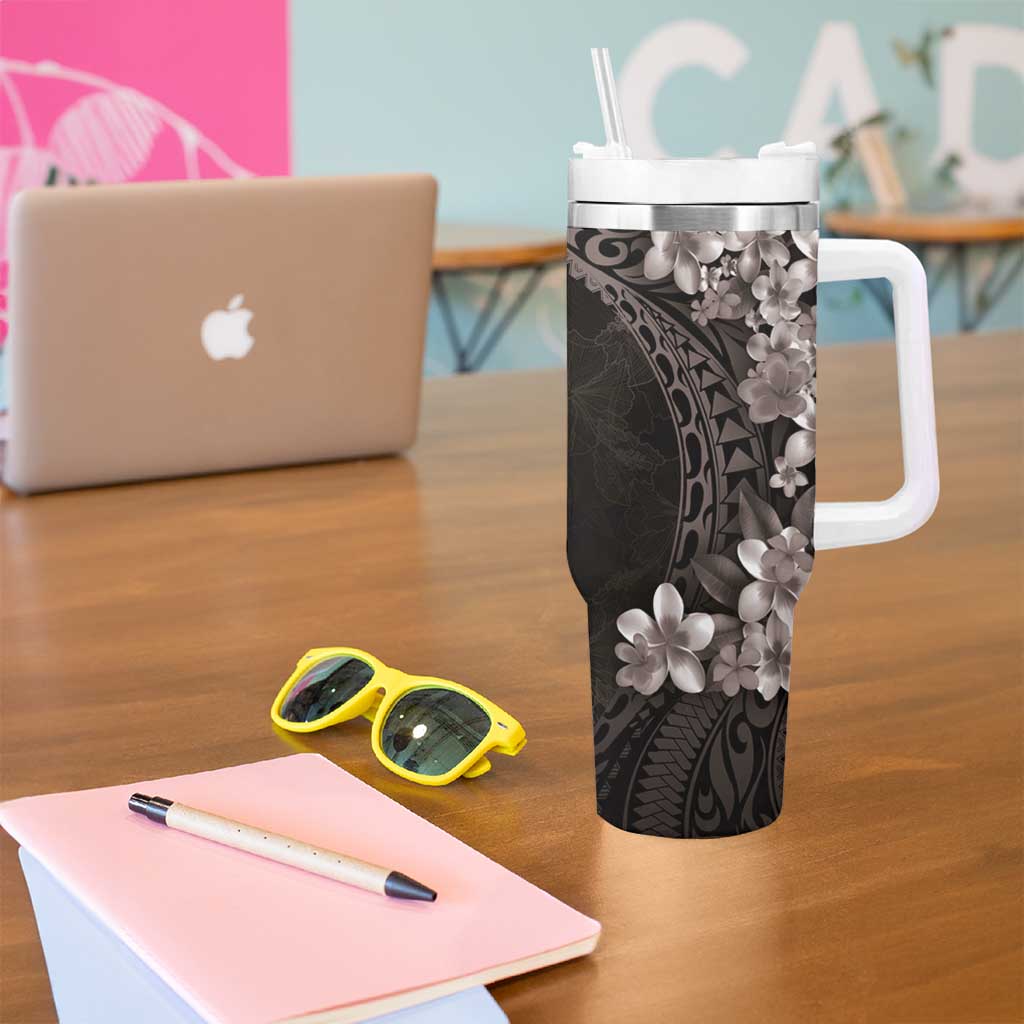 Hawaiian Plumeria-Polynesian Art Tattoo Grayscale Color Tumbler With Handle