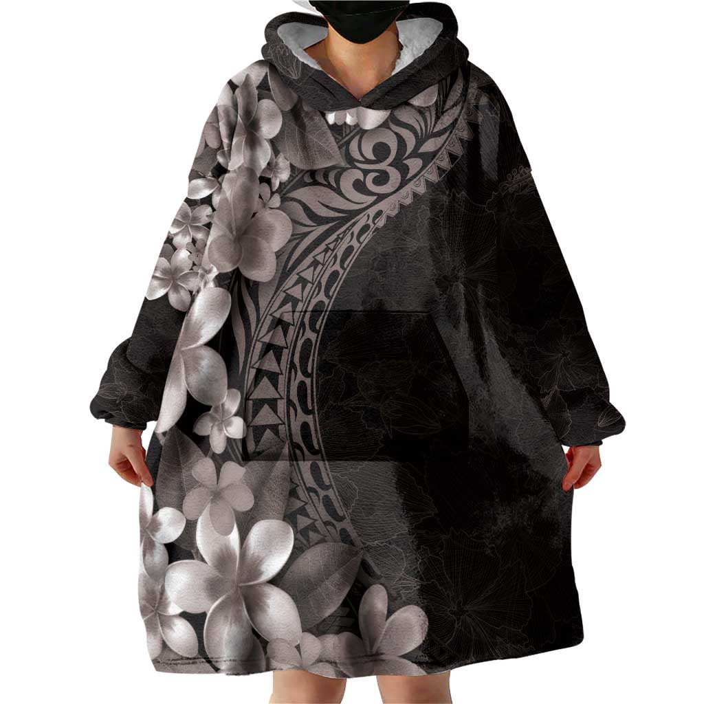 Hawaiian Plumeria-Polynesian Art Tattoo Grayscale Color Wearable Blanket Hoodie