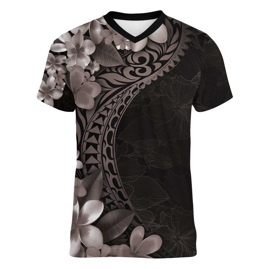 Hawaiian Plumeria-Polynesian Art Tattoo Grayscale Color Women V-Neck T-Shirt LT03 Female Gray - Polynesian Pride