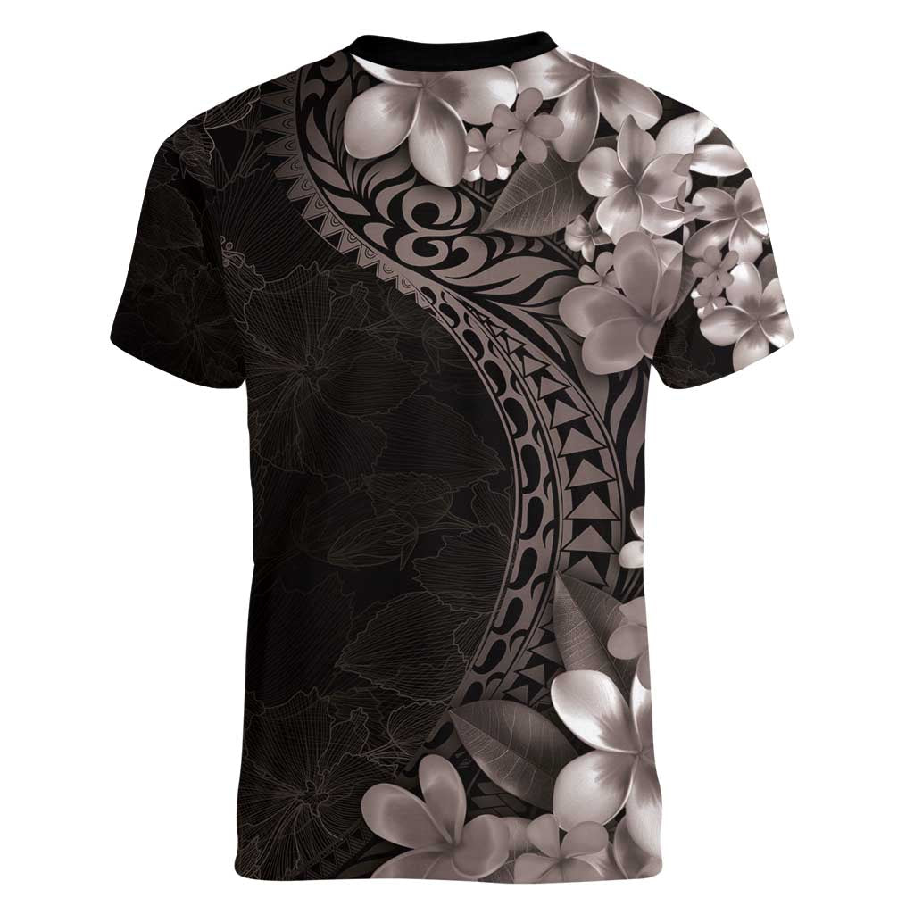 Hawaiian Plumeria-Polynesian Art Tattoo Grayscale Color Women V-Neck T-Shirt LT03 - Polynesian Pride