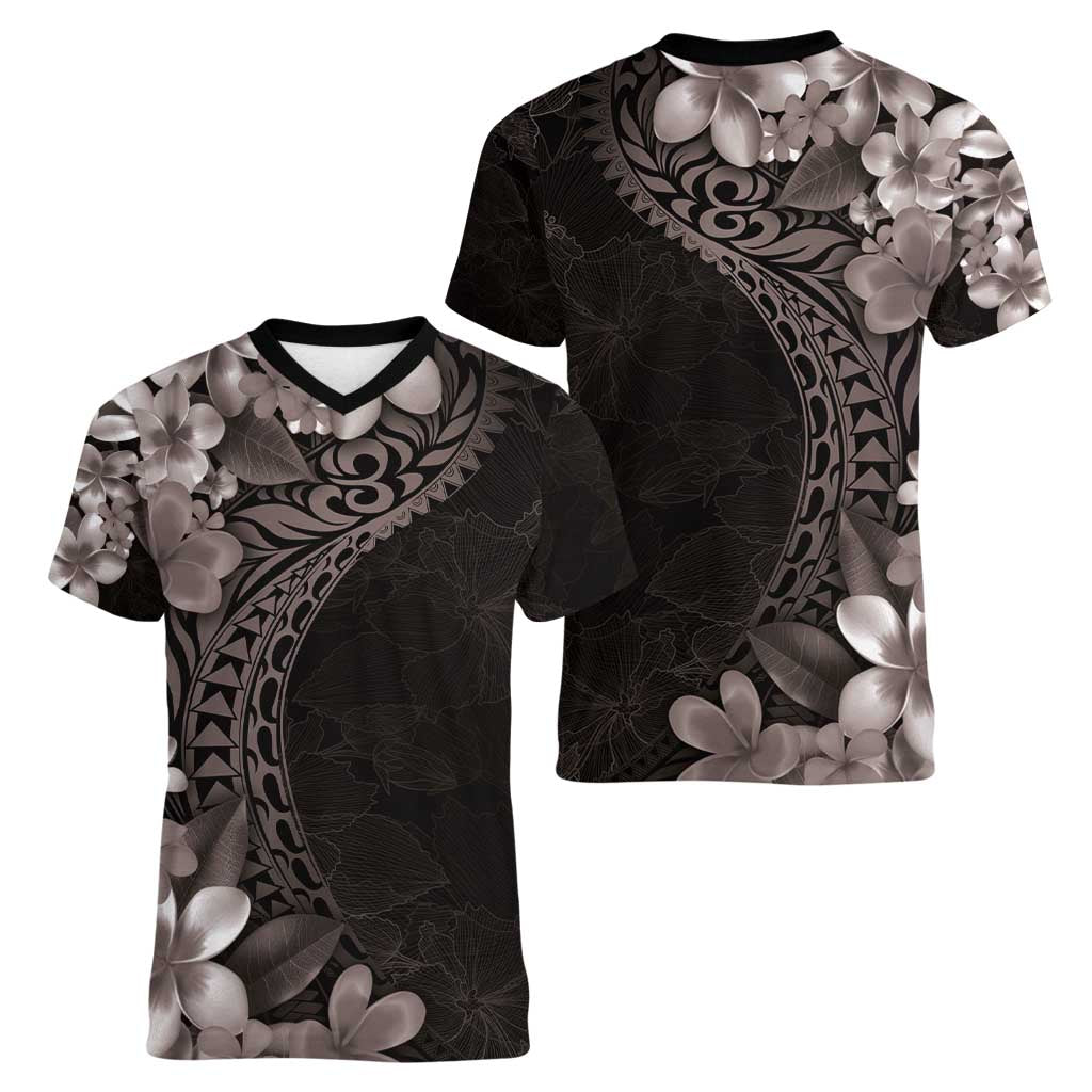 Hawaiian Plumeria-Polynesian Art Tattoo Grayscale Color Women V-Neck T-Shirt LT03 - Polynesian Pride