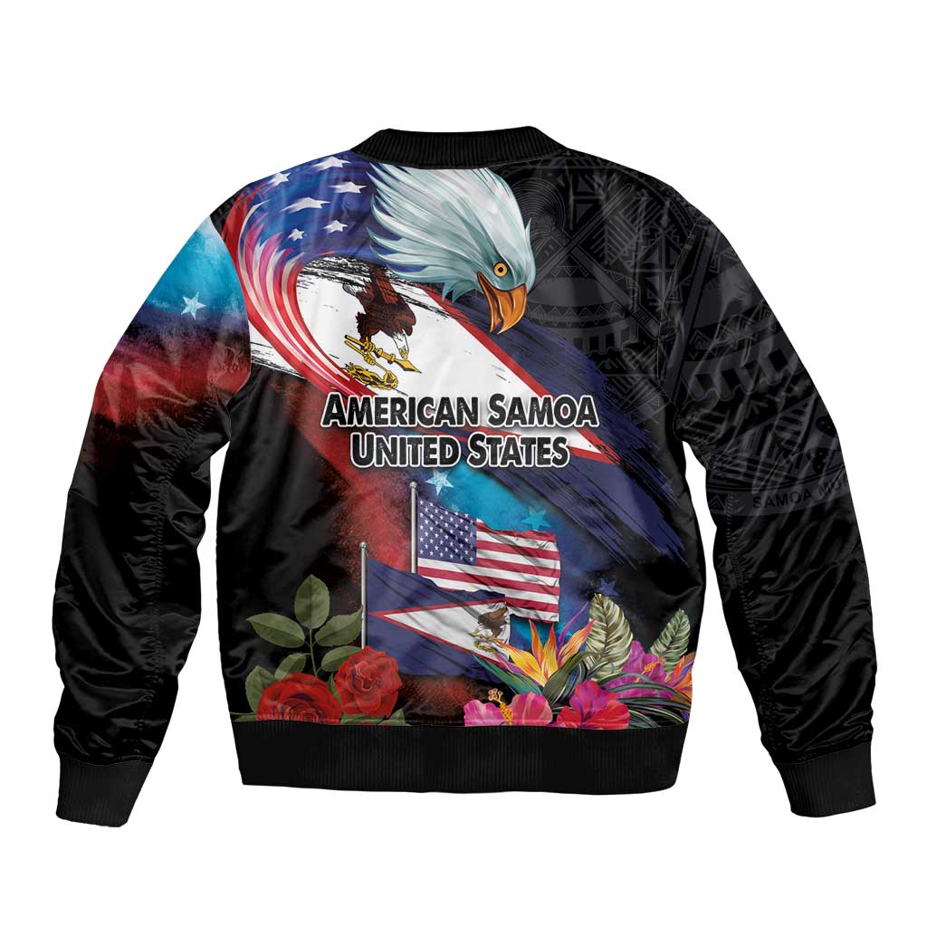 American Samoa and United States Together Bomber Jacket National Flag with Eagle-Hibiscus and Rose