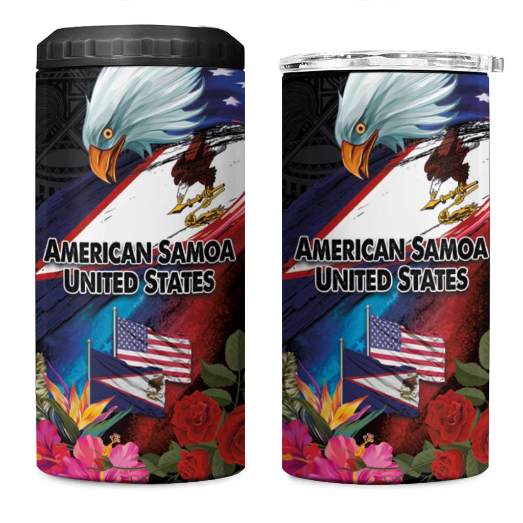 American Samoa and United States Together 4 in 1 Can Cooler Tumbler National Flag with Eagle-Hibiscus and Rose LT03 One Size: 16 oz Black - Polynesian Pride