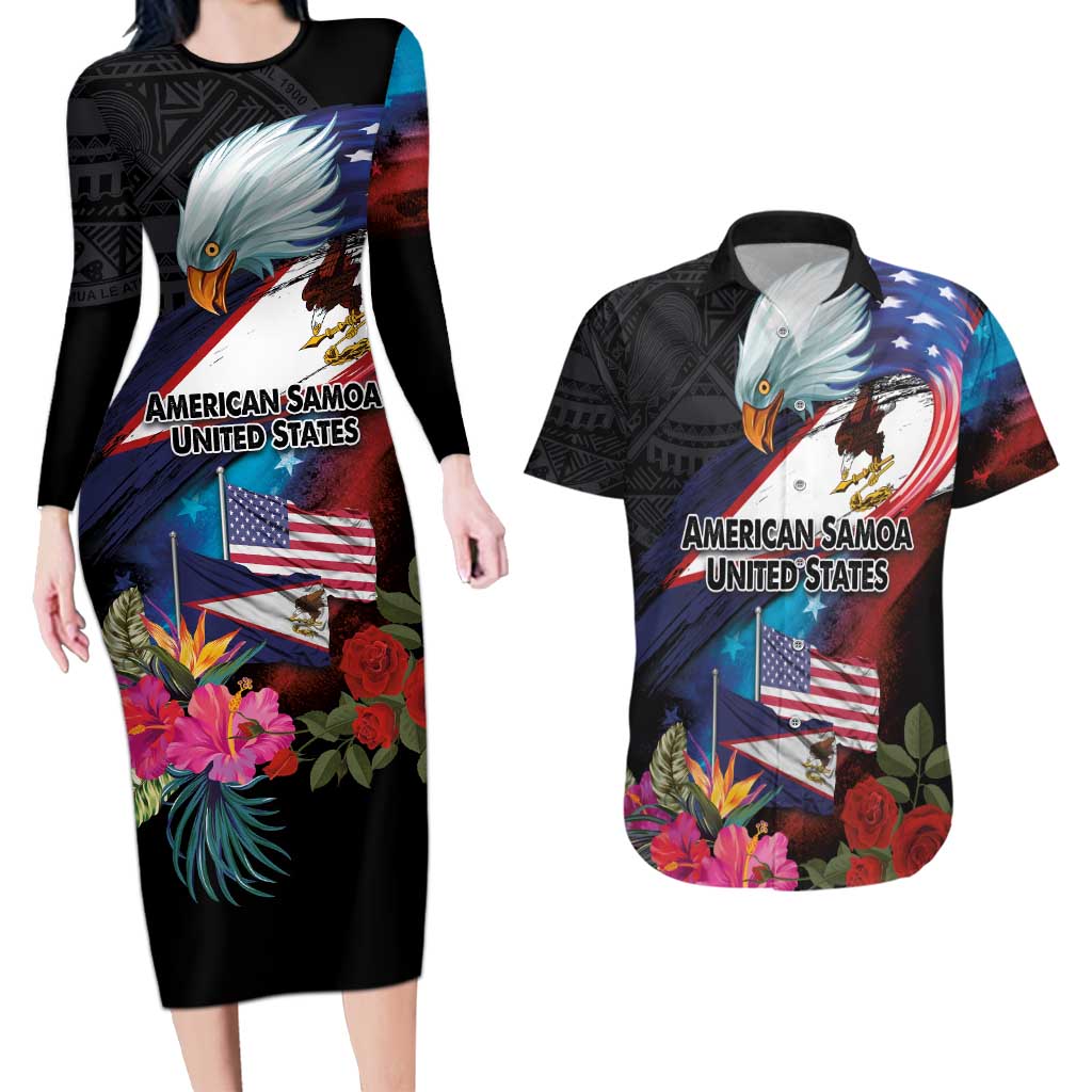 American Samoa and United States Together Couples Matching Long Sleeve Bodycon Dress and Hawaiian Shirt National Flag with Eagle-Hibiscus and Rose