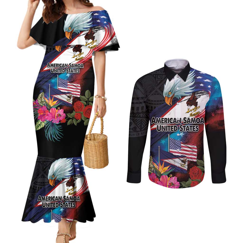 American Samoa and United States Together Couples Matching Mermaid Dress and Long Sleeve Button Shirt National Flag with Eagle-Hibiscus and Rose