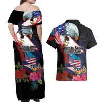 American Samoa and United States Together Couples Matching Off Shoulder Maxi Dress and Hawaiian Shirt National Flag with Eagle-Hibiscus and Rose
