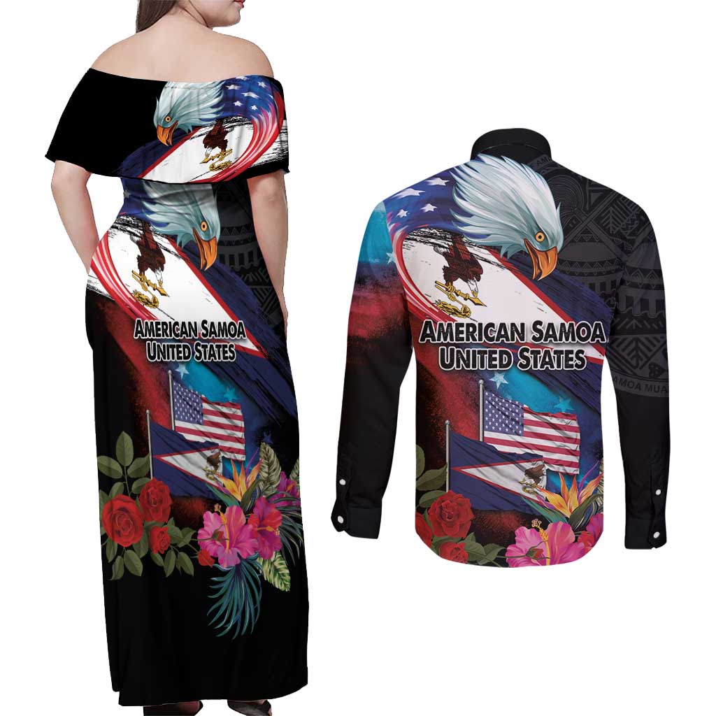 American Samoa and United States Together Couples Matching Off Shoulder Maxi Dress and Long Sleeve Button Shirt National Flag with Eagle-Hibiscus and Rose