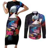 American Samoa and United States Together Couples Matching Short Sleeve Bodycon Dress and Long Sleeve Button Shirt National Flag with Eagle-Hibiscus and Rose