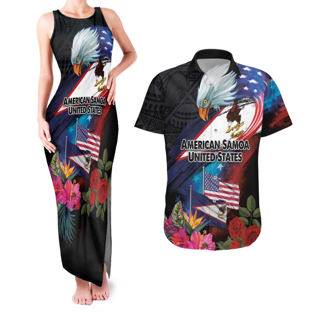 American Samoa and United States Together Couples Matching Tank Maxi Dress and Hawaiian Shirt National Flag with Eagle-Hibiscus and Rose
