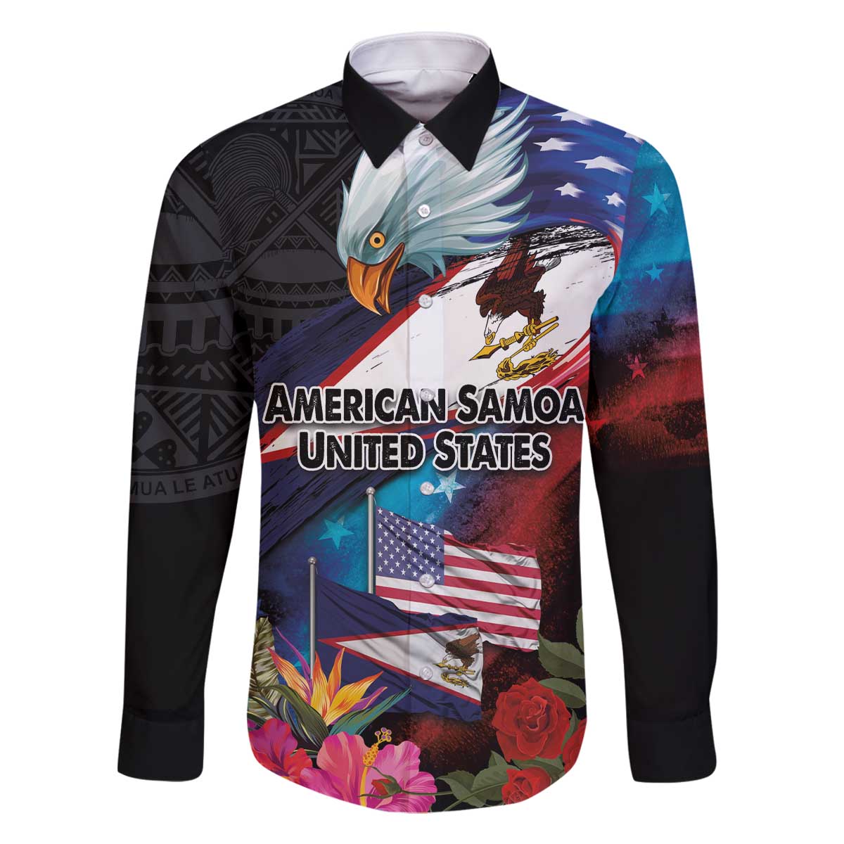 American Samoa and United States Together Family Matching Off The Shoulder Long Sleeve Dress and Hawaiian Shirt National Flag with Eagle-Hibiscus and Rose