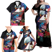 American Samoa and United States Together Family Matching Off Shoulder Maxi Dress and Hawaiian Shirt National Flag with Eagle-Hibiscus and Rose