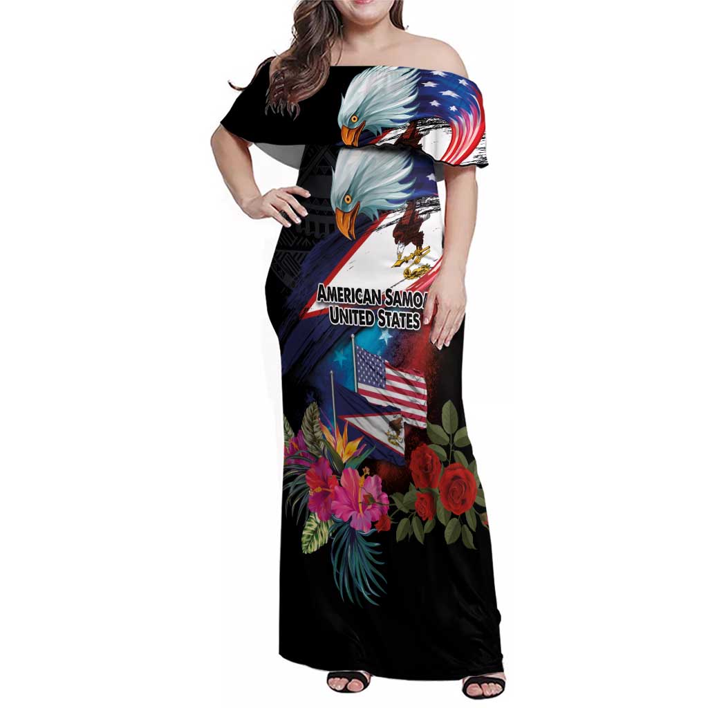 American Samoa and United States Together Family Matching Off Shoulder Maxi Dress and Hawaiian Shirt National Flag with Eagle-Hibiscus and Rose
