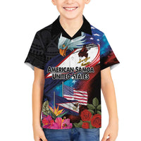 American Samoa and United States Together Family Matching Off Shoulder Short Dress and Hawaiian Shirt National Flag with Eagle-Hibiscus and Rose