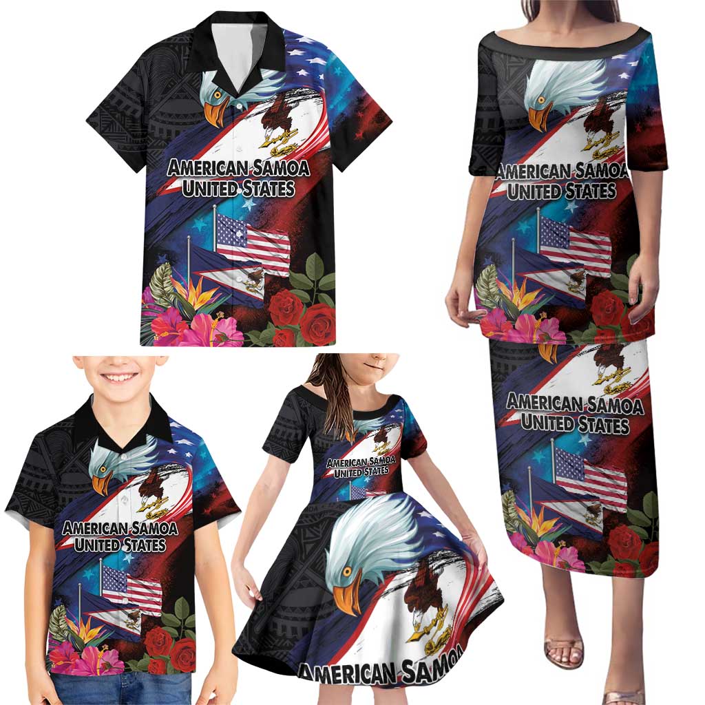 American Samoa and United States Together Family Matching Puletasi and Hawaiian Shirt National Flag with Eagle-Hibiscus and Rose