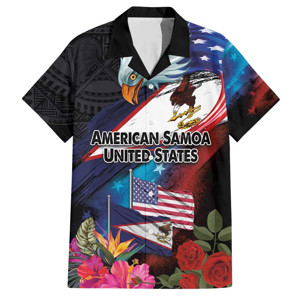 American Samoa and United States Together Family Matching Short Sleeve Bodycon Dress and Hawaiian Shirt National Flag with Eagle-Hibiscus and Rose