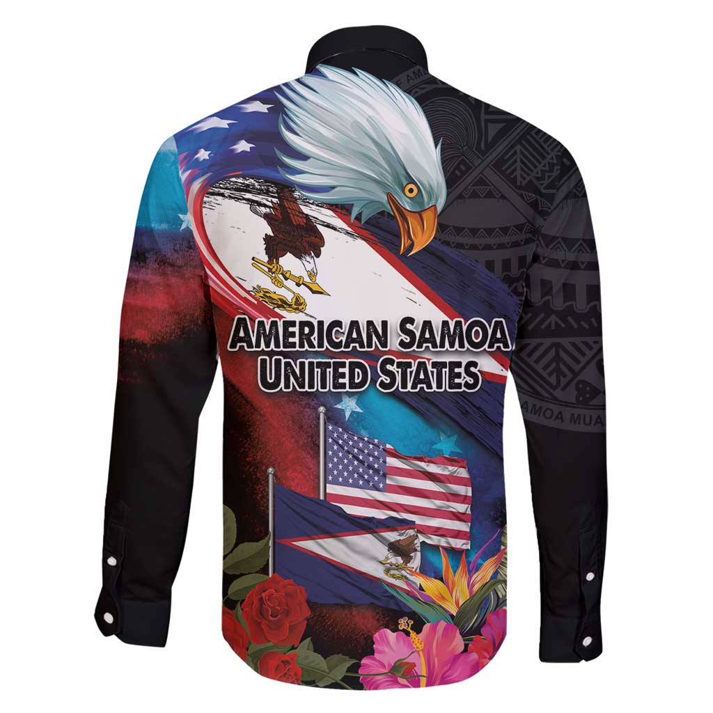 American Samoa and United States Together Family Matching Short Sleeve Bodycon Dress and Hawaiian Shirt National Flag with Eagle-Hibiscus and Rose