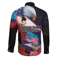American Samoa and United States Together Family Matching Short Sleeve Bodycon Dress and Hawaiian Shirt National Flag with Eagle-Hibiscus and Rose