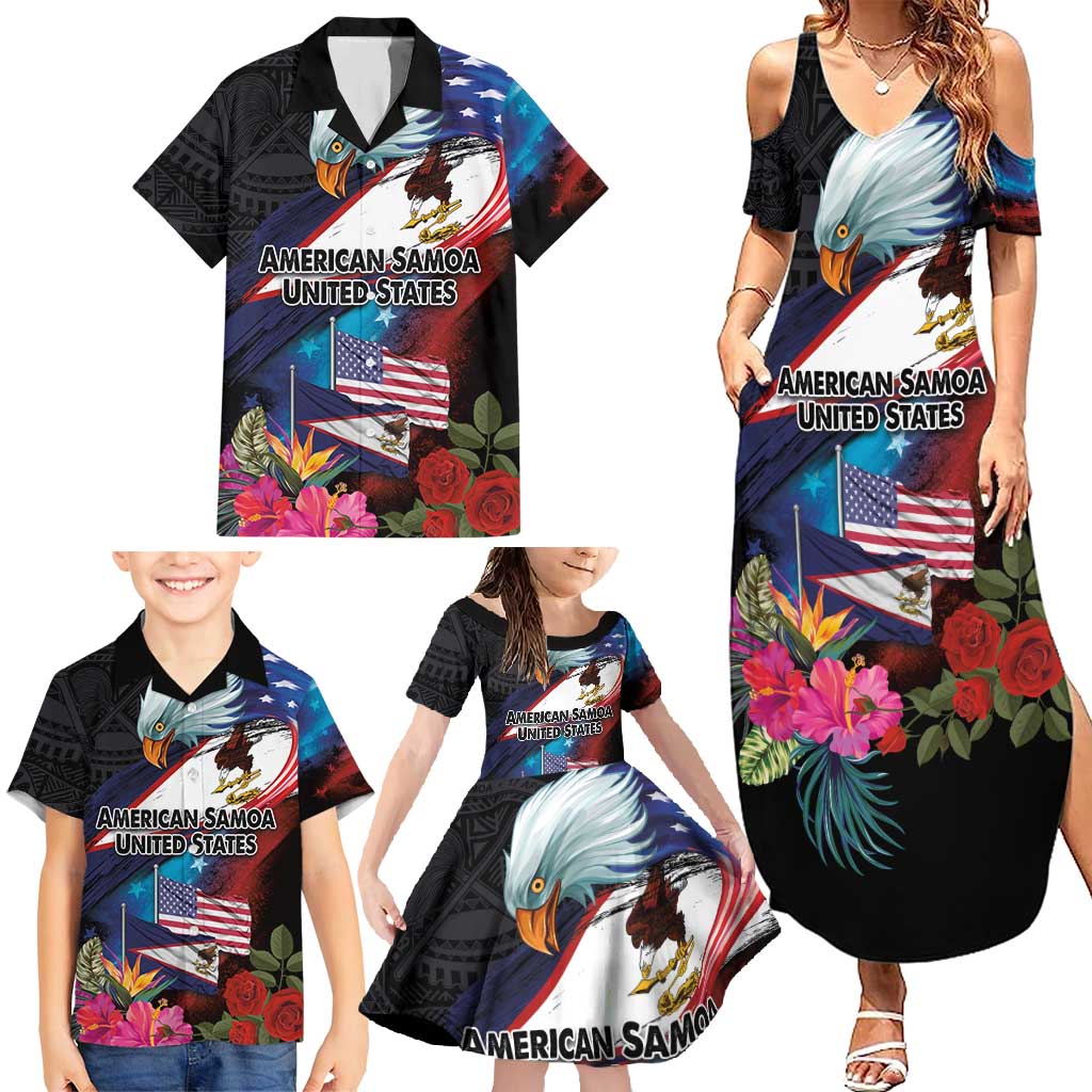 American Samoa and United States Together Family Matching Summer Maxi Dress and Hawaiian Shirt National Flag with Eagle-Hibiscus and Rose