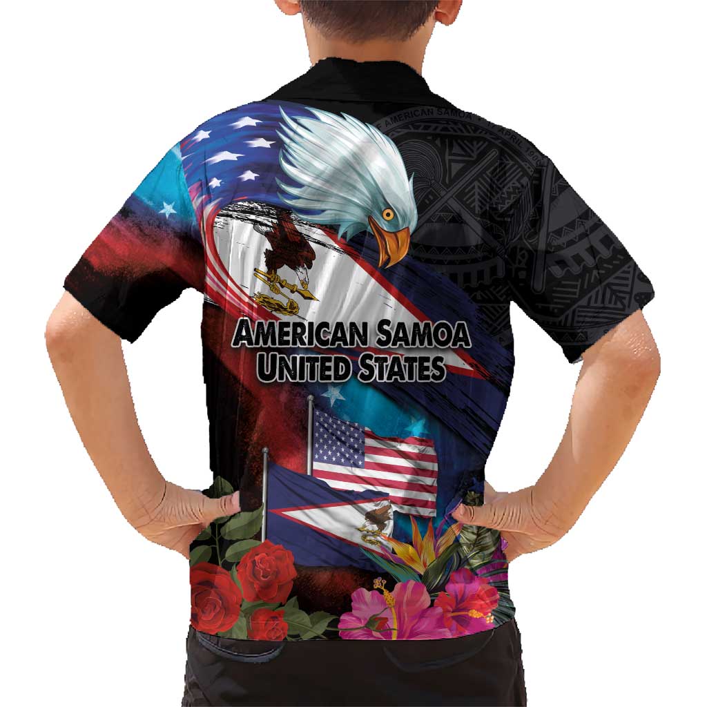 American Samoa and United States Together Kid Hawaiian Shirt National Flag with Eagle-Hibiscus and Rose
