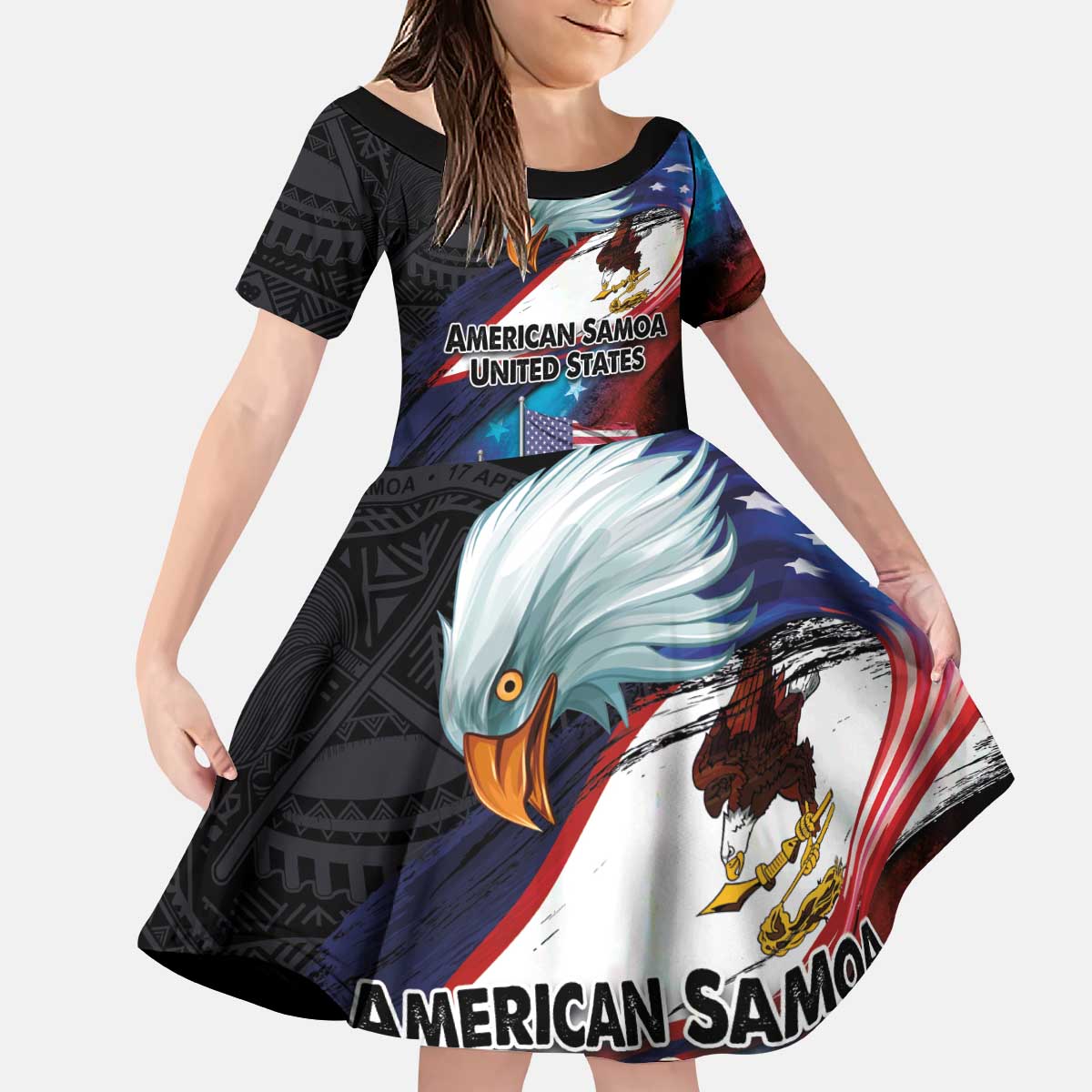 American Samoa and United States Together Kid Short Sleeve Dress National Flag with Eagle-Hibiscus and Rose LT03 KID Black - Polynesian Pride