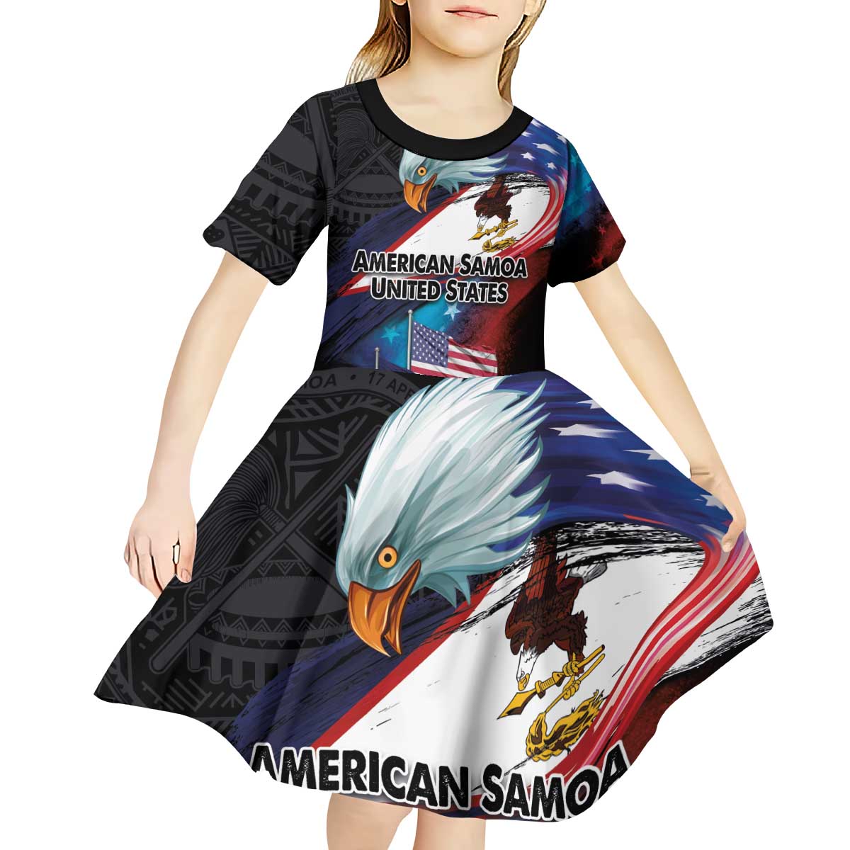 American Samoa and United States Together Kid Short Sleeve Dress National Flag with Eagle-Hibiscus and Rose LT03 - Polynesian Pride