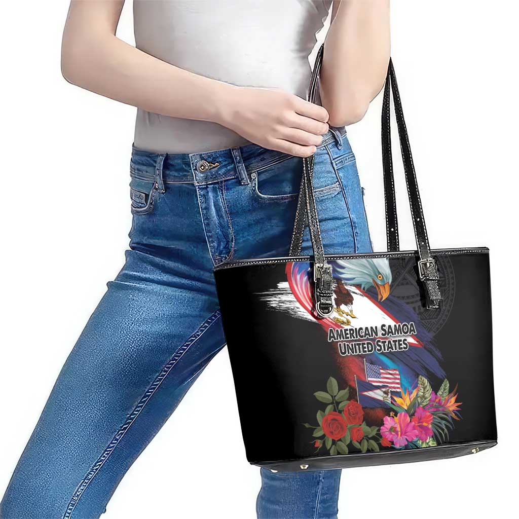 American Samoa and United States Together Leather Tote Bag National Flag with Eagle-Hibiscus and Rose